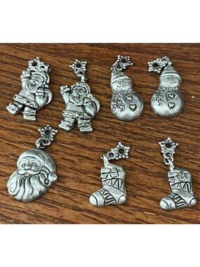 8 Antiqued Pewter Christmas Charm Figure Set Craft Decorate Gift 1 Inch Santa +